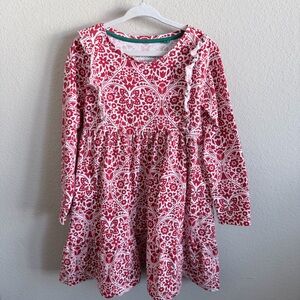 Mini Boden Frill Tiered Jersey Dress in Rockabilly Red Folk Hearts Size 5-6